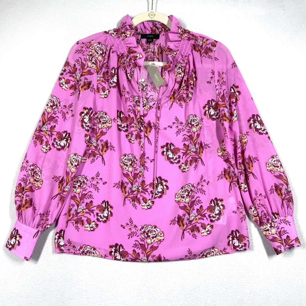 J Crew Top Womens XXS Drapey Tie Neck Ruffle Top in Marigold Bouquets Floral NWT